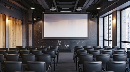 Modern conference room with seating, projector screen, and large windows offering natural light for meetings or presentations.