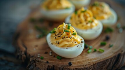 Tantalizing close-up of deviled eggs garnished with chopped chives, showcasing their creamy texture and culinary artistry on a wooden surface.