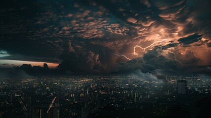 A breathtaking lightning storm raging over a cityscape at dusk, with dramatic clouds intensifying the scene.