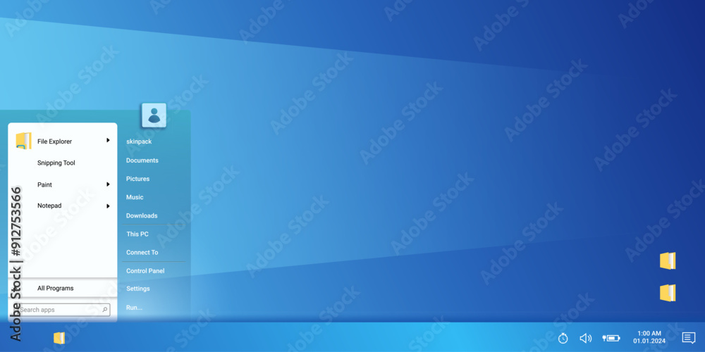 Poster operating system window with account options and start menu. modern desktop in blue colors with soft