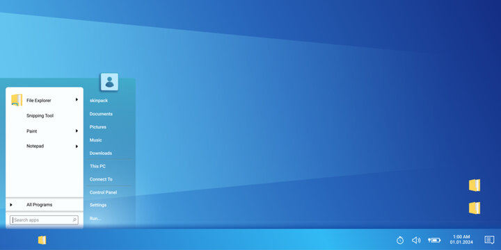 Operating system window with account options and start menu. Modern desktop in blue colors with software, files and programs.