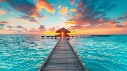 Fototapeta premium Sunset view along long wooden pier towards distant pavilion