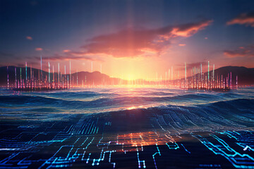 Fractal sunset waves dance on a gridded cyberspace canvas, a vibrant metaphor for digital infinity