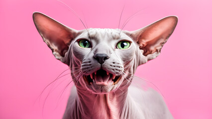 A cat with green eyes and a pink background