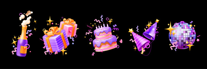 3D party icon set, cartoon holiday Christmas New Year vector object kit, present box, bottle, cake. Happy birthday paper cone hat, champagne, night club disco ball, confetti ribbon. Party icon sticker