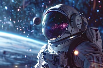 futuristic cyborg DJ with glowing helmet spins cosmic beats