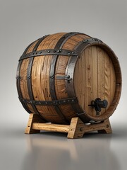 A crafted wooden barrel, with sturdy metal bands, rests atop an elegant stand.  AI generated.