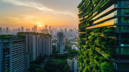 Obraz premium Modern green building covered in lush plants, overlooking a cityscape at sunset, showcasing sustainable architecture.