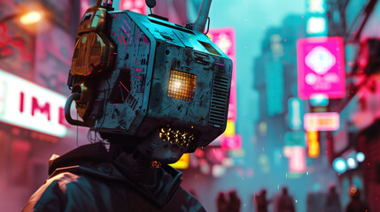 A futuristic cyborg with a retro TV head in a neon-lit cityscape, showcasing cyberpunk aesthetics