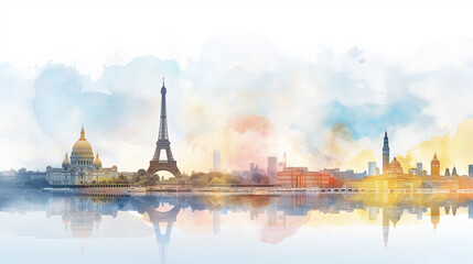 Obraz premium World travel destinations banner digital painting with different landmarks on one banner for tourism promotions.