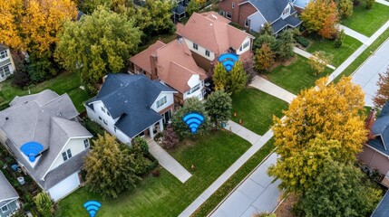 Aerial view of suburban homes with visible Wi-Fi signals indicating wireless connectivity across the neighborhood in autumn