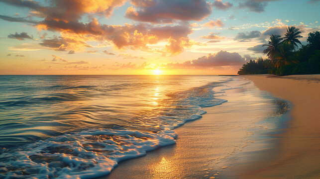 Beautiful tropical beach banner White sand and coco palms travel tourism wide panora Generative AI

