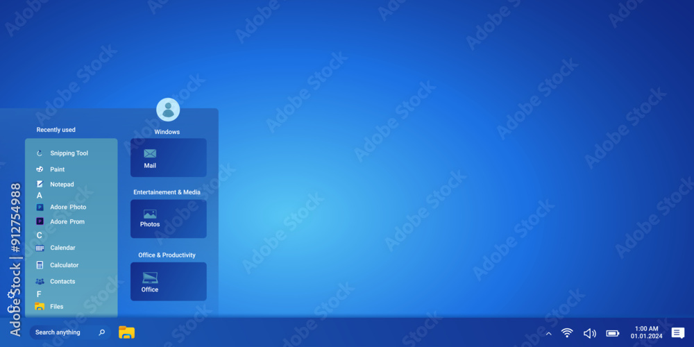 Poster modern desktop with start menu and programs on screen in blue color. operating system window with co