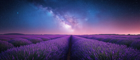 A breathtaking view of a lavender field under a starry night sky, showcasing vibrant purple flowers...