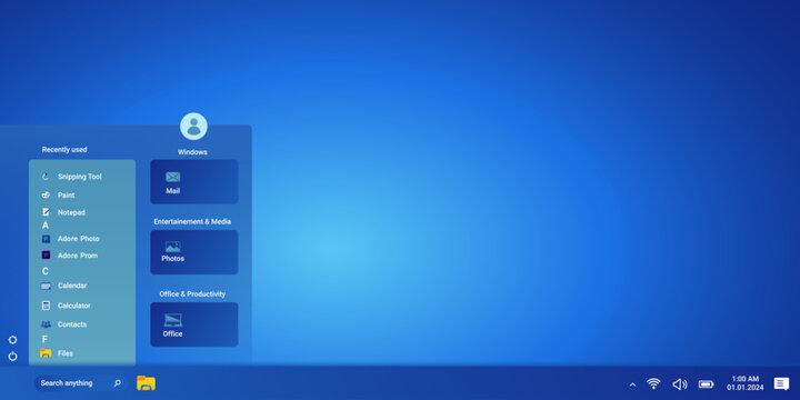 Modern desktop with start menu and programs on screen in blue color. Operating system window with control panel.