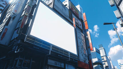 Multiple blank billboards on modern urban buildings, ideal for advertisements, under a bright blue sky with scattered clouds