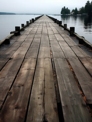 Fototapeta premium Weathered Wooden Dock Extending into the Misty Waters, Creating a Nostalgic Atmosphere in a Foggy Morning
