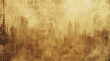 Vintage-inspired sepia city skyline with grunge textures and architectural elements