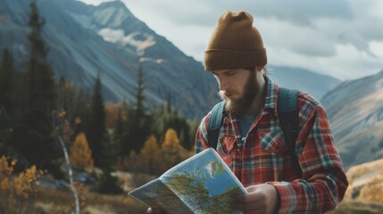 A solo adventurer consults a map amidst a serene mountain landscape with trees transitioning into autumn colors.