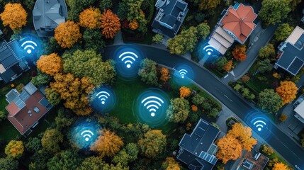 Aerial view of suburban homes with visible Wi-Fi signals indicating wireless connectivity across the neighborhood in autumn