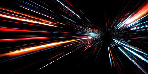 Warp speed light trails. Long exposure neon glow. Futuristic radial motion blur. Sci-fi energy burst. Speeding light effects. Fast car lights. Abstract fractal design. Glowing technology concept