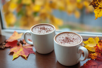 Cozy Coffee Shop Scene with Hot Chocolate in Autumn  