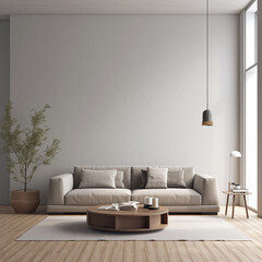 Modern Living Room with Empty Wall for Mockup and Neutral Decor