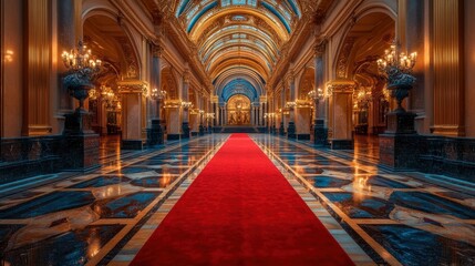 Fototapeta premium A Grand Hallway with a Red Carpet and Ornate Architecture