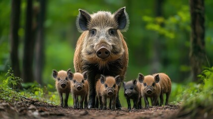 Wild Boar Sow and Her Four Piglets Walking Through a Forest