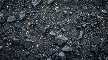 Top view of scattered black and grey stones on the ground