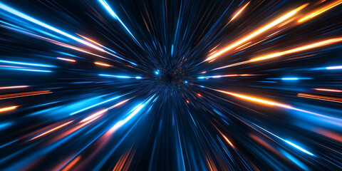 Futuristic light warp. Long exposure glow. Radial motion blur. Sci-fi speed lights. Glowing neon trails. Fast energy burst. Abstract fractal art. Modern technology background.