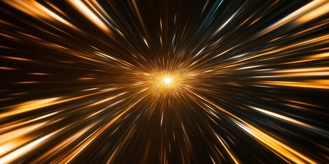 Neon light trails in motion. Long exposure glow. Warp speed effect. Radial blur. Sci-fi energy burst. Fast car lights. Speed lights. Abstract fractal design. Futuristic technology background.