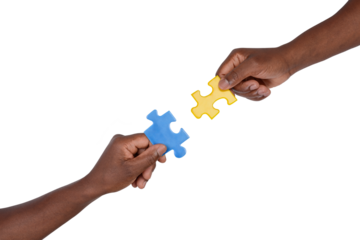 Man trying to match pieces of jigsaw puzzle, isolated on white background