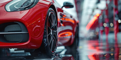 Low angle shot of a red sports car focusing on the wheels and lower body, showcasing its sleek and dynamic design.