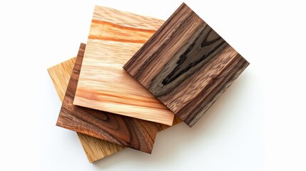 A close-up of four wooden sample pieces with different grains and colors, neatly arranged on a white background.