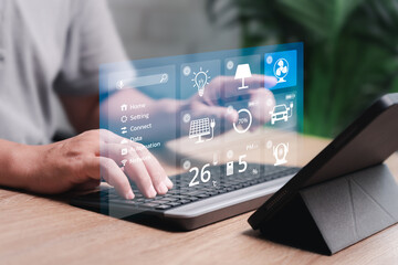 Smart home management technology concept, A man uses tablets and applications control smart devices, Home security, Assistant technology on a virtual interface, Process automation on internet network