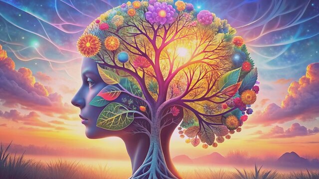 Female head brain with tree, bright flowers.Mental moral spiritual health