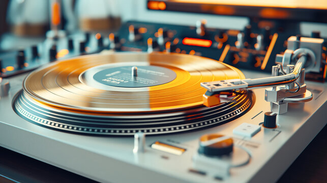 Close-up of a spinning vinyl record on a modern turntable with knobs and controls, highlighted by warm lighting and a shallow depth of field.