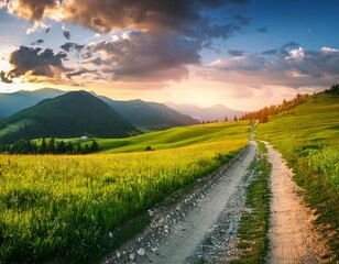 Obraz premium Beautiful summer mountain rural landscape; Panorama of summer green field with dirt road