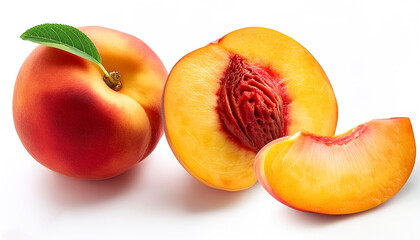 Ripe and fresh ​​Whole and sliced ​​peaches isolated on white background