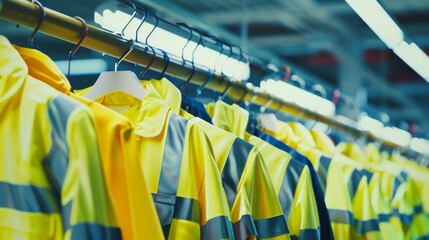 A row of high-visibility safety jackets hang in a brightly lit industrial space, emphasizing workplace safety and organization.