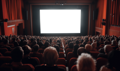 Crowded movie theater with people seated in red chairs, facing a large white screen, capturing the cinematic experience in a vibrant, immersive environment