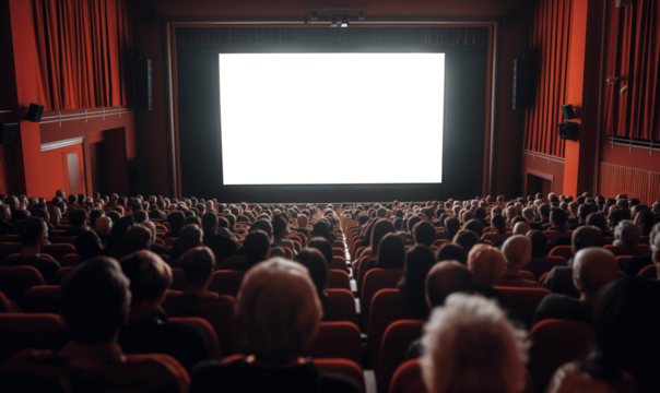 Crowded movie theater with people seated in red chairs, facing a large white screen, capturing the cinematic experience in a vibrant, immersive environment