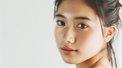 Naklejka premium Close-up portrait of a young woman with radiant skin, set against a soft, neutral background, exuding natural beauty and grace.