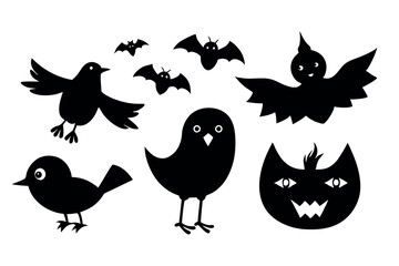Set of silhouettes of Halloween cute birds
