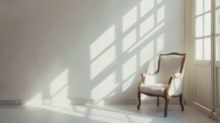 Fototapeta premium A luxurious white armchair with ornate wooden detailing is positioned in a corner of a bright room, with large windows casting intricate shadows on white walls and floors.