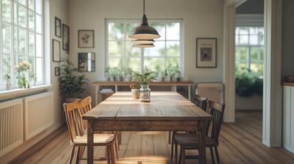 A large wooden dining table with a vase of flowers on it