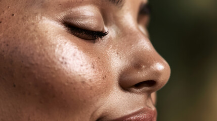 Fototapeta premium Close-up of a young woman's face with clear skin on a light background. The beautiful model shows off her smooth, shiny skin. The concept of beauty and naturalness.