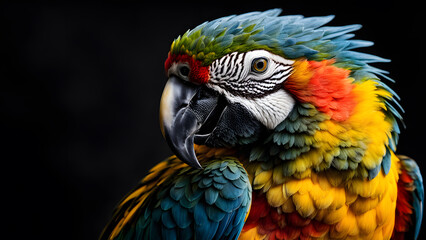 Fototapeta premium A colorful parrot with a black beak and red, yellow, and blue feathers