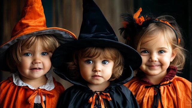Children dressed in various Halloween costumes, capturing the spirit of Halloween festivities. The children are seen in creative outfits, enjoying the celebration with smiles and excitement. This imag